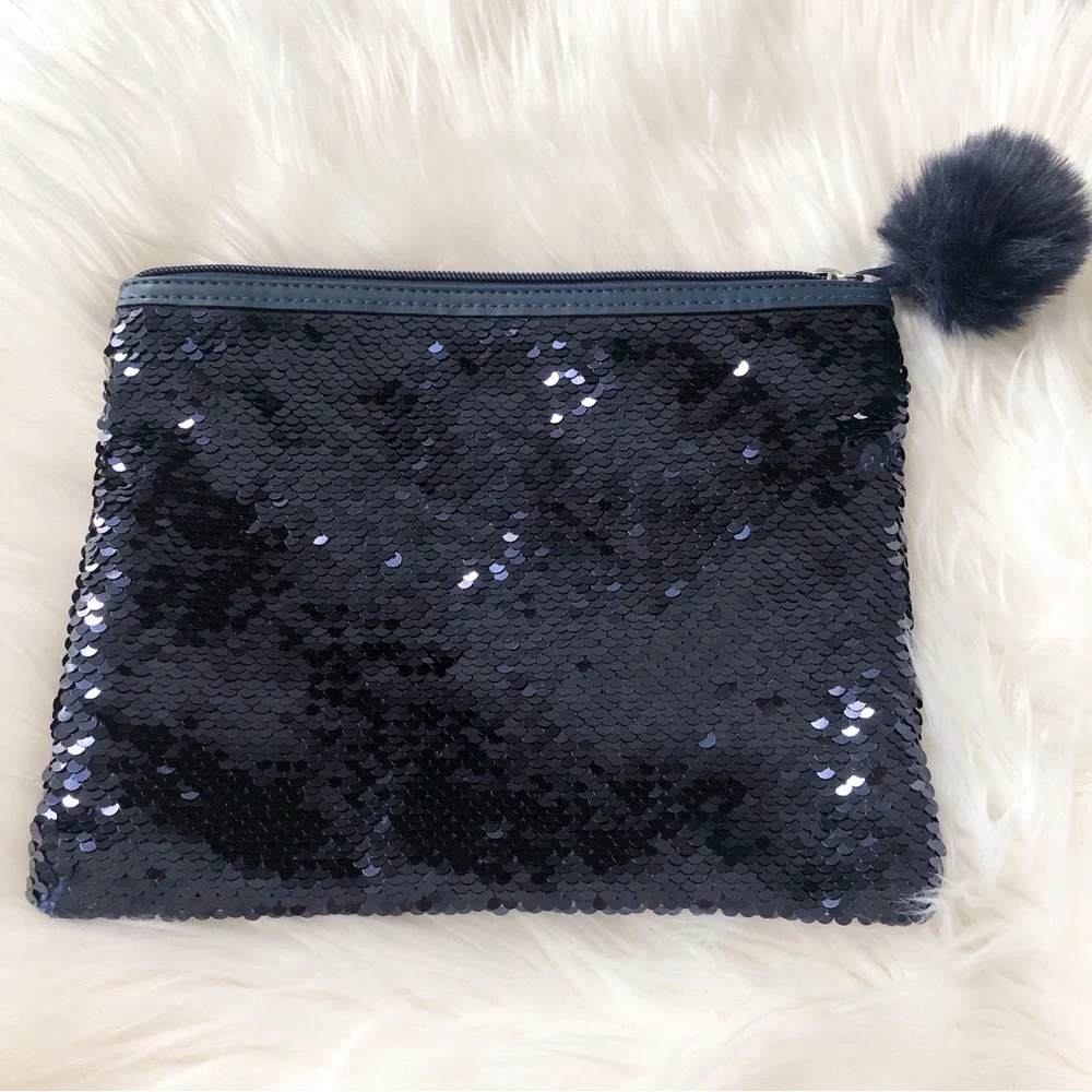 Navy Sequin Makeup Pouch with Pompom